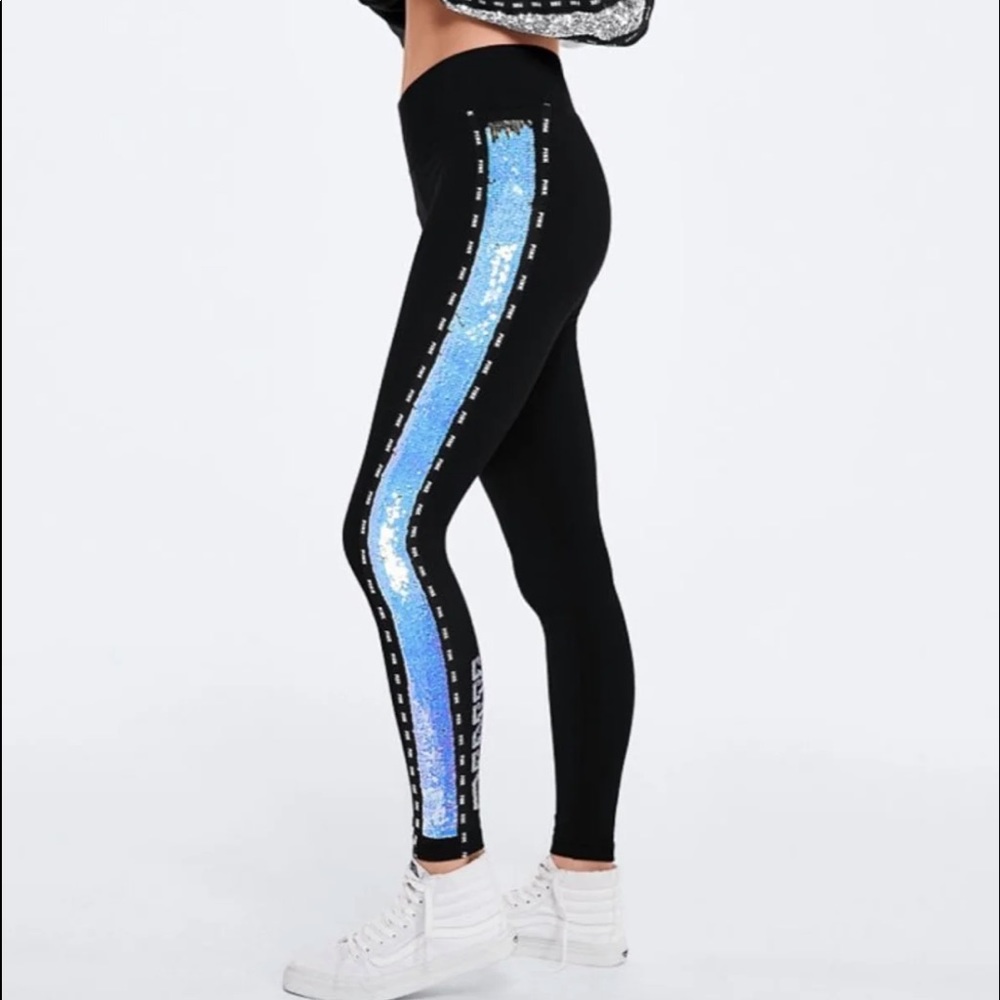 NWT! VS PINK Black Iridescent Bling Leggings M
